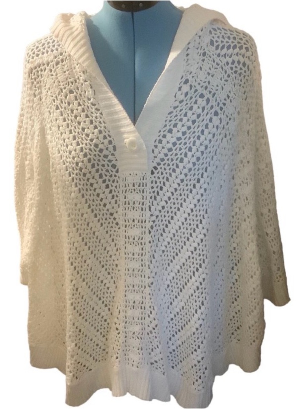 EUC XL Peck & Peck Cream Open-Knit Hooded Poncho ivory white